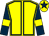 Yellow, dark blue seams, dark blue sleeves, yellow armlets, yellow cap, dark blue star (Jabra Racing)