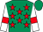 Emerald green, red stars, white sleeves, red armlets, emerald green cap (Miss Caroline Scott)
