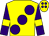 Yellow, large purple spots, purple sleeves, yellow armlets, yellow cap, purple spots (Mr D E Edwards)