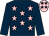 Dark blue, pink stars, dark blue sleeves, pink cap, dark blue stars (A K Whelan)
