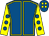 Royal blue, yellow seams, yellow sleeves, royal blue spots, royal blue cap, yellow spots (Mrs Sarah Bryan)