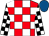 Red and white check, black and white check sleeves, royal blue cap (Simon & Liz Hunt)