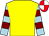 Yellow, light blue and maroon hooped sleeves, red and white quartered cap (Six Franks)