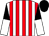 White and red stripes, black and white halved sleeves, black cap (Mr David Mason)