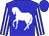 Blue, white horse, blue sleeves, white stripes, blue cap (Mr J Turner)