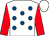 White, royal blue spots, red sleeves, white cap (Hogarth, Morris, Percival & Irving)