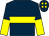 Dark blue, yellow hoop, halved sleeves and spots on cap (Rhapsody Racing)