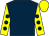 Dark blue, yellow sleeves, dark blue spots, yellow cap (Mrs S M Farr)