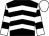 Black, white chevrons, white and black hooped sleeves, white cap (Louise Kelly And Murray Scott)