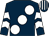 Dark blue, large white spots, dark blue and white chevrons on sleeves, dark blue and white striped cap (Mr C R Hirst)