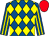 Royal blue and yellow diamonds, striped sleeves, red cap (Mr Merv Cox)