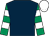 Dark blue, emerald green and white hooped sleeves, white cap (Mr Des Anderson)