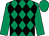 Emerald green and black diamonds, emerald green sleeves and cap (Mrs Catherine Reed)