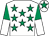 White, emerald green stars, halved sleeves, emerald green star on cap (P Halligan)