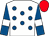 White, royal blue spots, royal blue sleeves, white armlets, red cap (Mr N Ender)