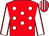 Red, white spots, white sleeves, red seams, red and white striped cap (Mr E A Brook)