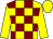 Yellow and maroon check, yellow sleeves and cap (Mason Racing Club)