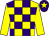 Yellow & purple check, yellow sleeves, purple cap, yellow star (Tan Kai Chah)
