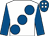 White, large royal blue spots & sleeves, royal blue cap, white spots (For The Love Of It Syndicate)