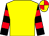Yellow, black & red hooped sleeves, red & yellow quartered cap (Not Even Maybe Syndicate)