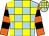 Light blue and yellow check, orange and black hooped sleeves (The Parishioners)