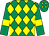 Emerald green and yellow diamonds, emerald green sleeves, yellow armlets and diamonds on cap (Michael & Lesley Wilkes)