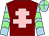 Maroon, pink cross of lorraine, light blue and light green chevrons on sleeves, quartered cap (Mr S Steel & Ms V Peets)