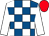 Royal blue & white check, white sleeves, red cap (J A Berry)