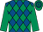 Royal blue & emerald green diamonds, emerald green sleeves, hooped cap (J J Leckey)