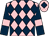 Pink and dark blue diamonds, dark blue sleeves, pink armlets, pink cap, dark blue diamond (Mr Gary Dewhurst)