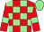 Red and light green check, red sleeves, light green armlets, light green cap (The Hanky Panky Partnership)