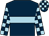 Dark blue, light blue hoop, checked sleeves and cap (Mrs Diana L Whateley)