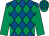 Royal blue & emerald green diamonds, emerald green sleeves, striped cap (Miss M A Masterson)