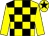 Yellow & black check, yellow sleeves, black star on cap (Mrs J Donnelly)