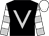 Black, silver V, silver and white hoops on sleeves, white cap