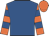Royal blue, orange circled 'r' front and back, royal blue hoops on orange sleeves, orange cap