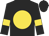 Black, gold disc, gold armlets on sleeves, black cap