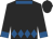 Black, royal blue collar and diamond belt, royal blue cuffs on sleeves, black cap