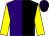 Black & purple halved, yellow sleeves, black & purple striped cap