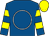 Royal blue, white circle, yellow hoops on sleeves, yellow cap