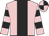 Pink with black stripe, pink sleeves with black hoops, pink cap with black quarters