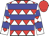 White, red diamonds, blue hoops, red cap