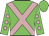 Green, peach cross sashes, peach dots on sleeves, green cap