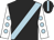 Black, light blue sash, light blue dots on white sleeves, light blue stripe on black cap
