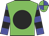 Green, black ball, blue and black hoops on sleeves, green and blue quartered cap