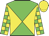Green, yellow diagonal quarters, green blocks on yellow sleeves, yellow cap
