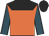 Orange, black yoke, teal sleeves, black seams, black cap