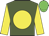Forest green, yellow disc, yellow sleeves, green cap