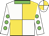 White and gold quarters, green collar, white sleeves, green dots