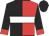 black and red halved vertically, white band,  black sleeves, red cuffs, black cap